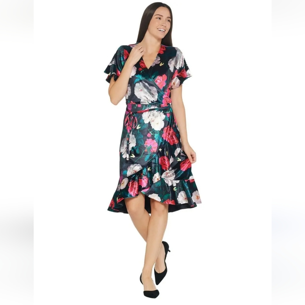 Isaac Mizrahi Live! Floral Printed Velvet Faux Wrap Dress